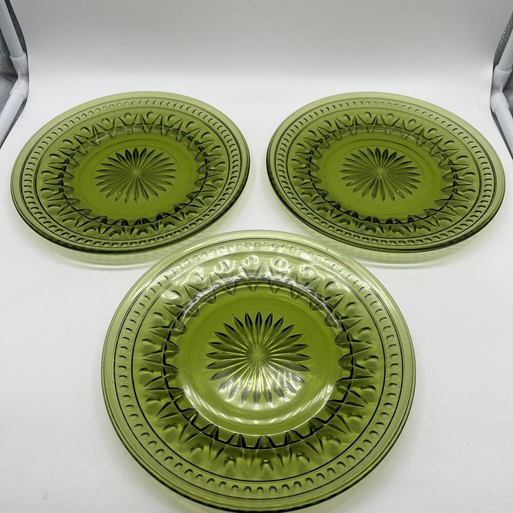 Set Of 3 Vintage Indiana Glass Colony Park Lane Avocado Green Luncheon Plates
